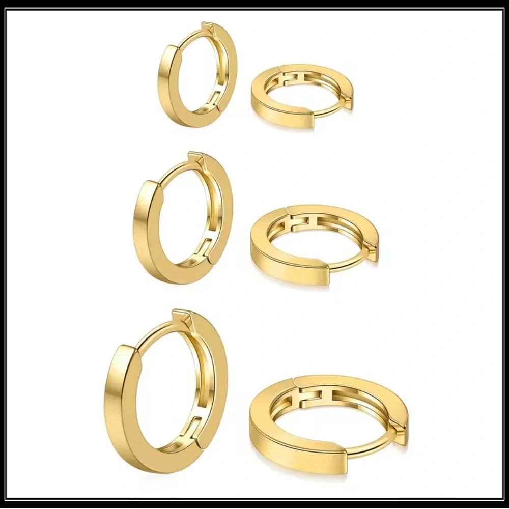 New Gold Steel Square Edge Graduated Sizes Hoop Earrings Set